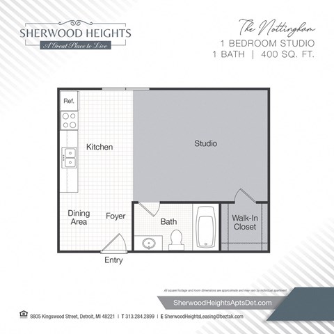Floor plan for studio, 1 bath, 400 sqft